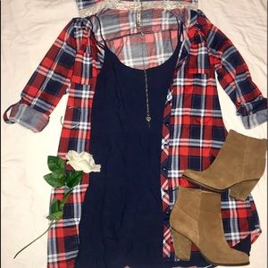 Navy lose fit dress with multi colored plaid dress
